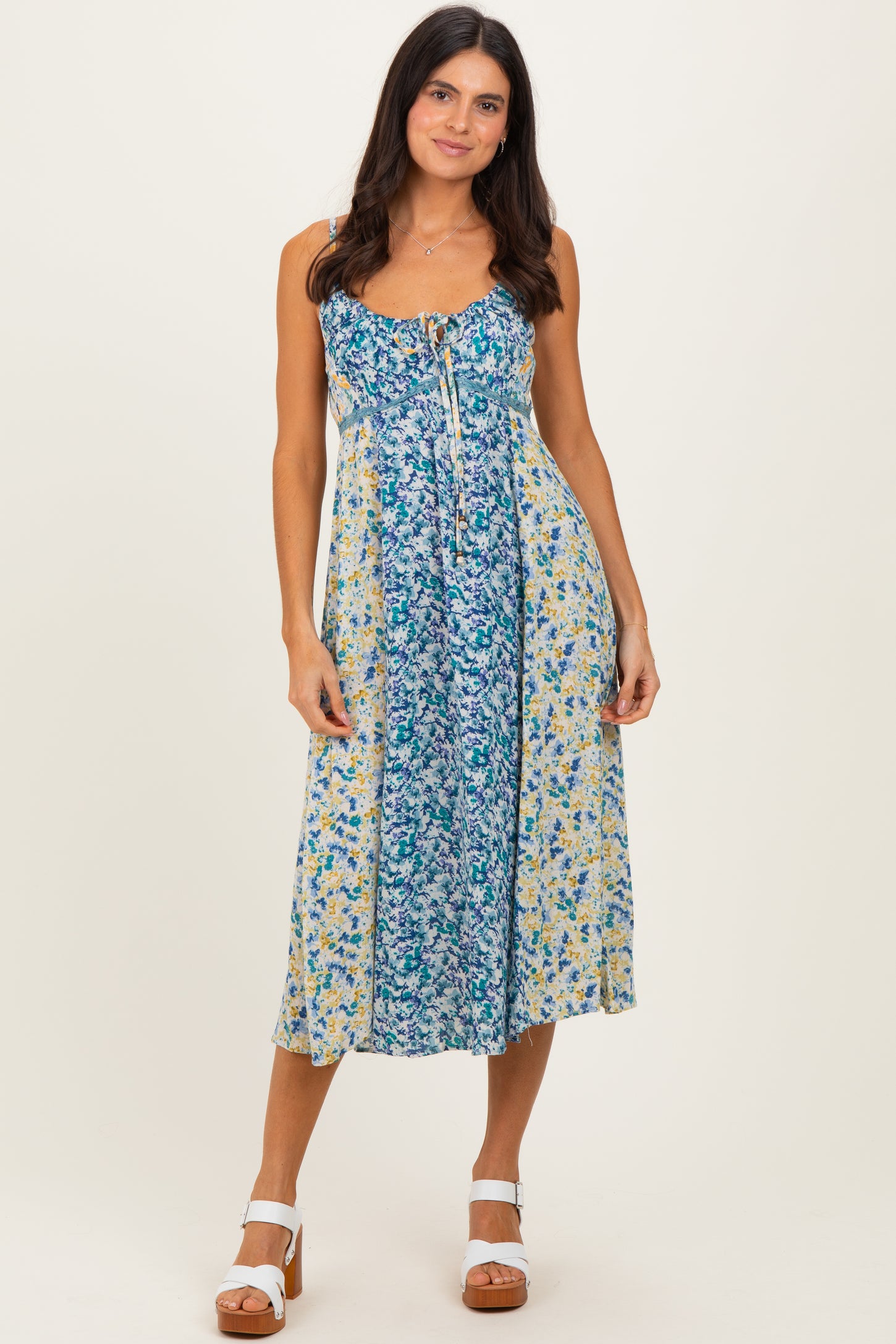 Blue Colorblock Floral Tie Front Midi Dress