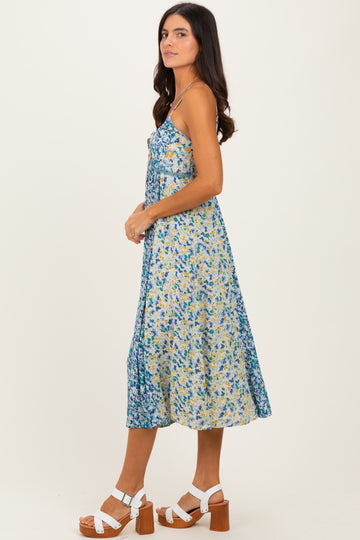 Blue Colorblock Floral Tie Front Midi Dress