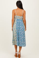 Blue Colorblock Floral Tie Front Midi Dress