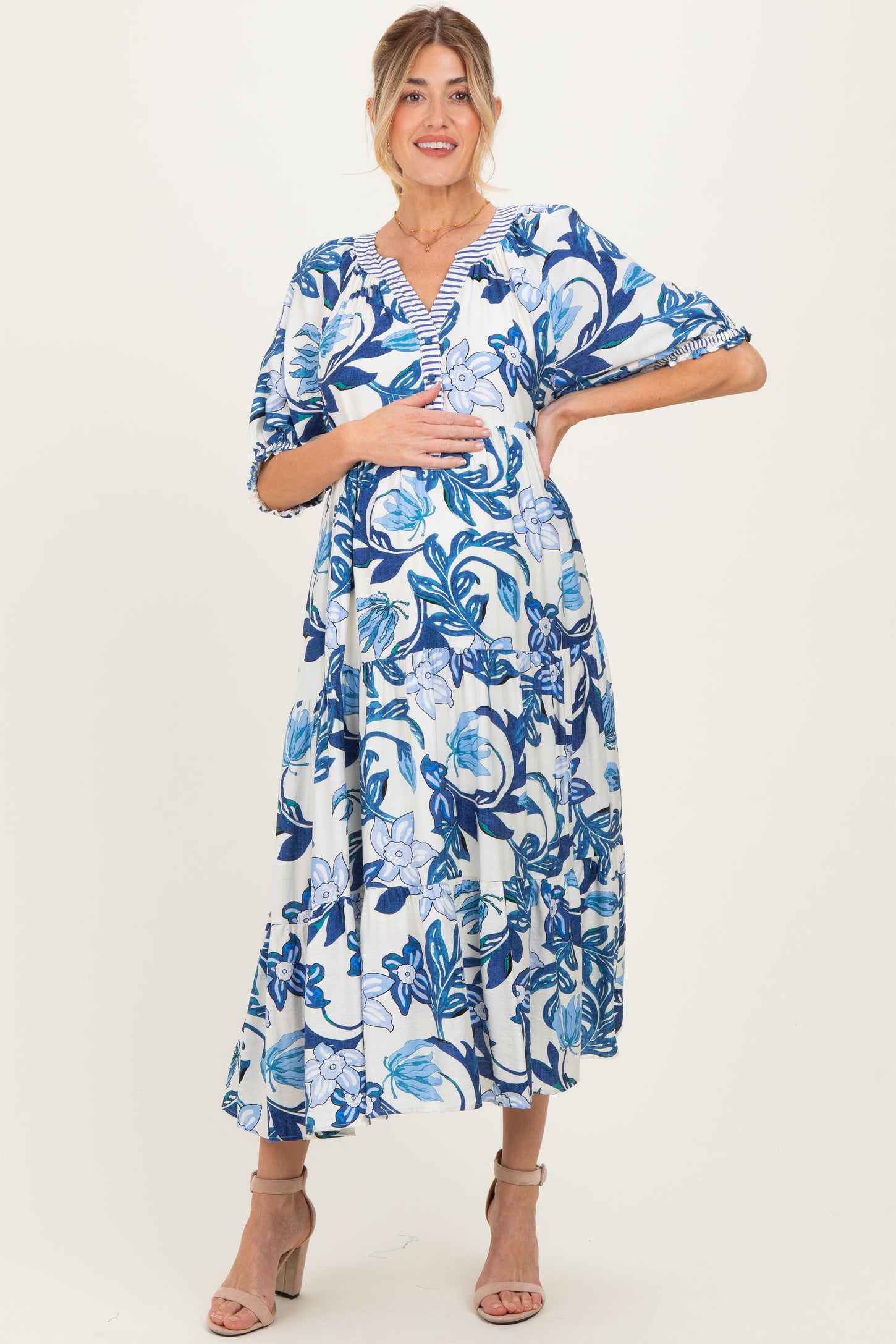 Navy Tropical Floral Tiered Maternity Midi Dress