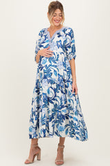 Navy Tropical Floral Tiered Maternity Midi Dress