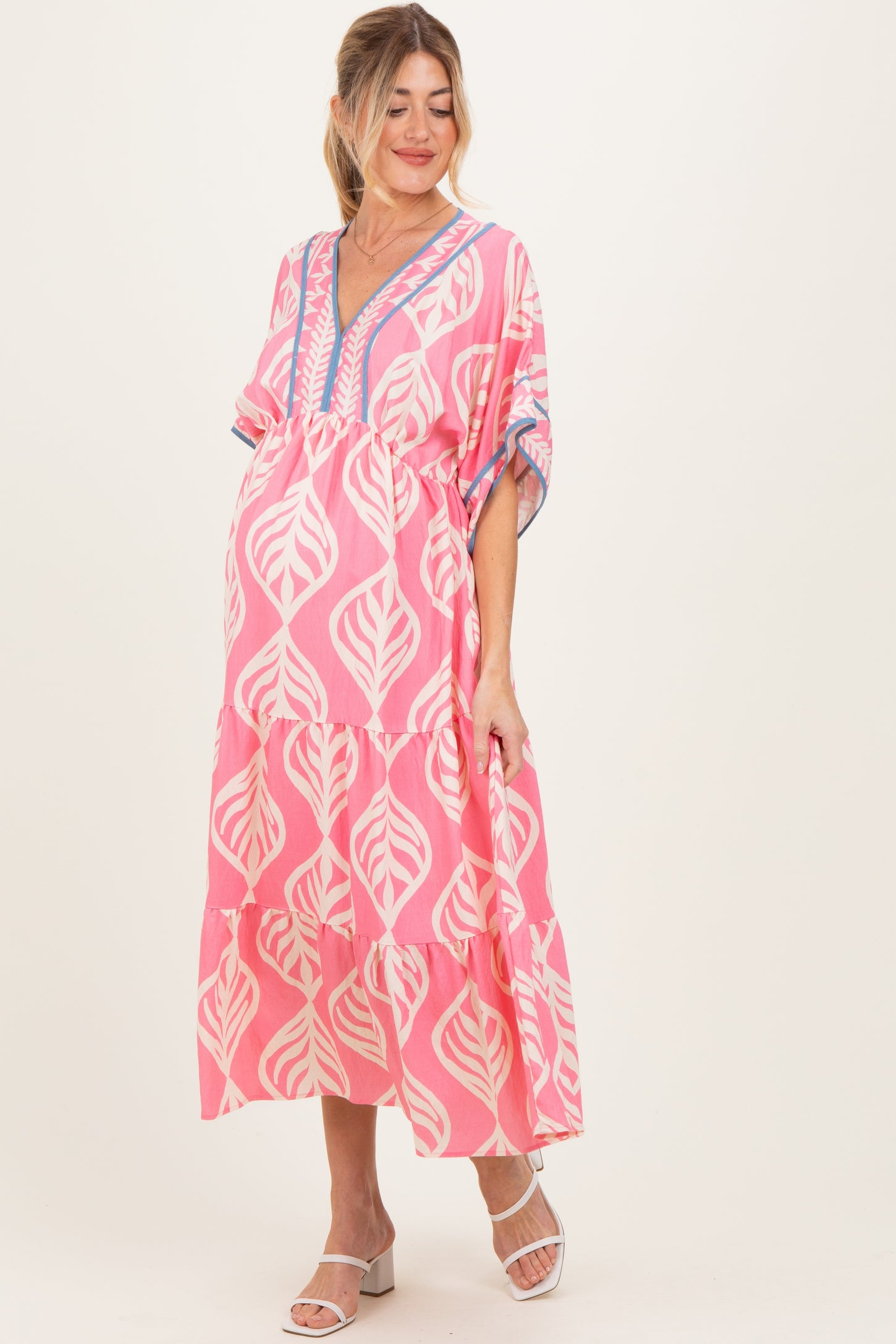 Pink Printed Dolman Sleeve Maternity Maxi Dress