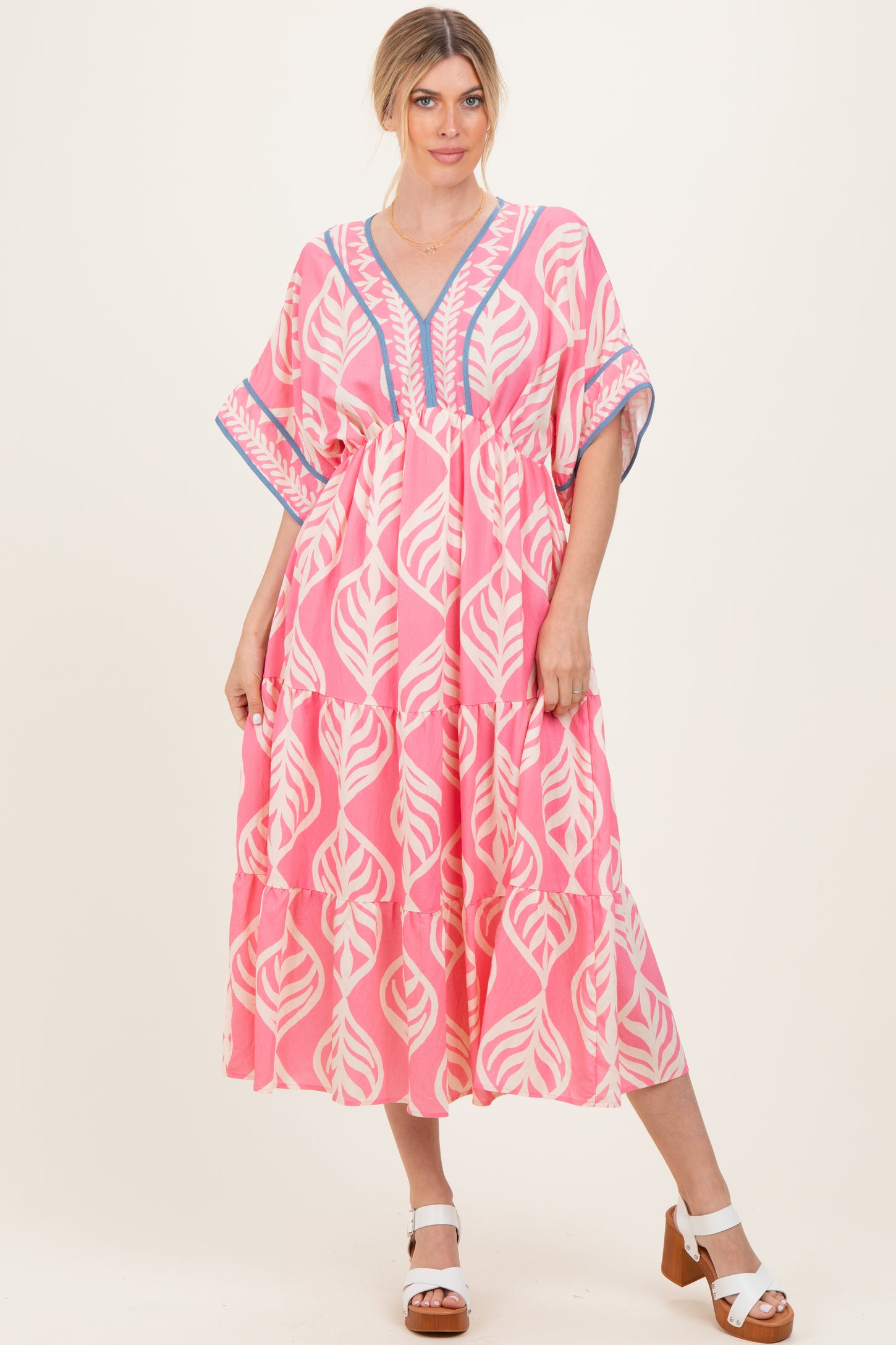Pink Printed Dolman Sleeve Maternity Maxi Dress