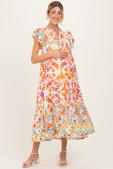 Orange Colorblock Floral Tassel Front Tie Maternity Dress