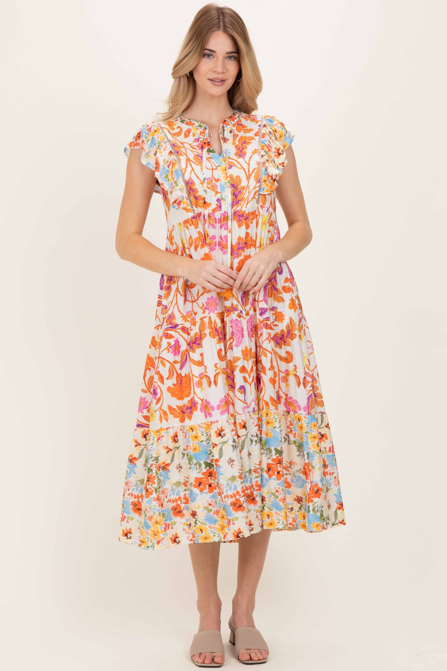 Orange Colorblock Floral Tassel Front Tie Maternity Dress