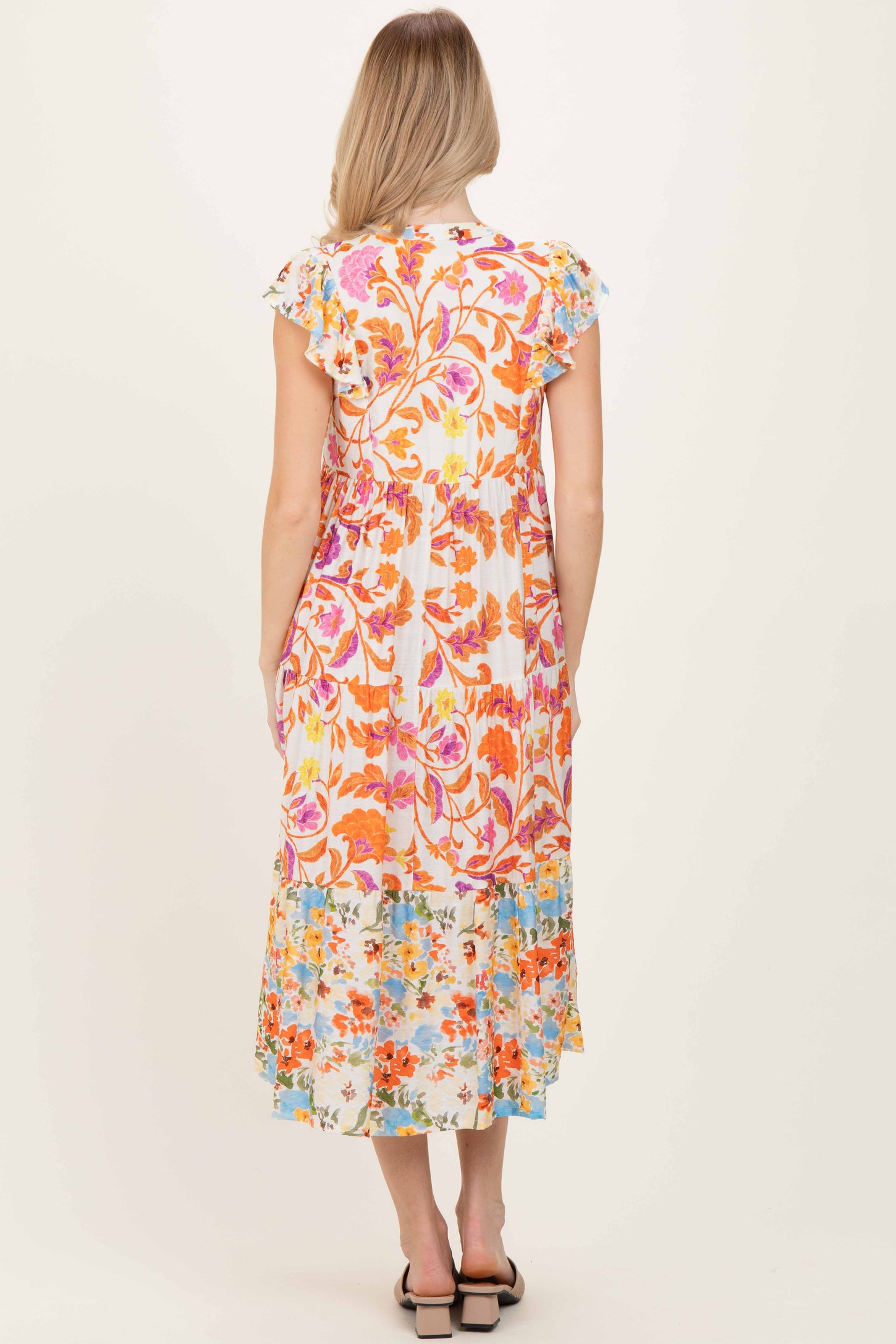 Orange Colorblock Floral Tassel Front Tie Dress
