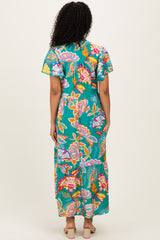 Emerald Boho Print Lace Trim Tiered Midi Dress