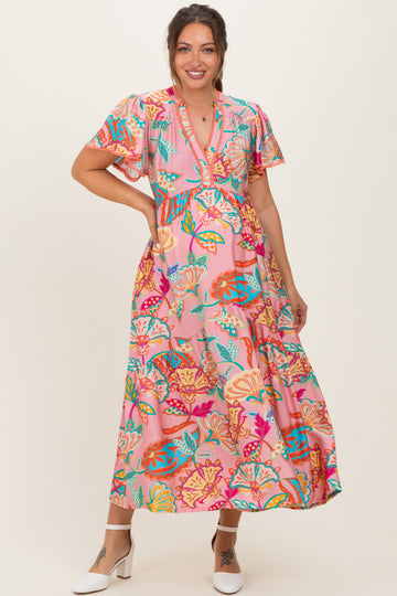 Pink Boho Print Lace Trim Tiered Maternity Midi Dress