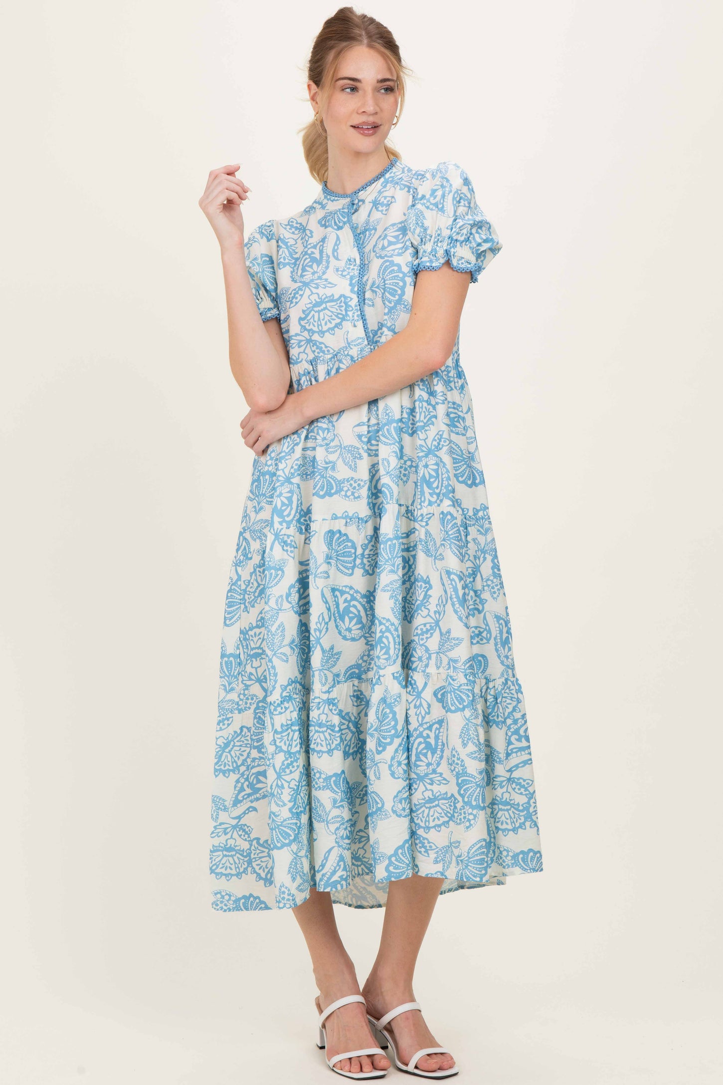 Light Blue Paisley Print Tiered Midi Dress