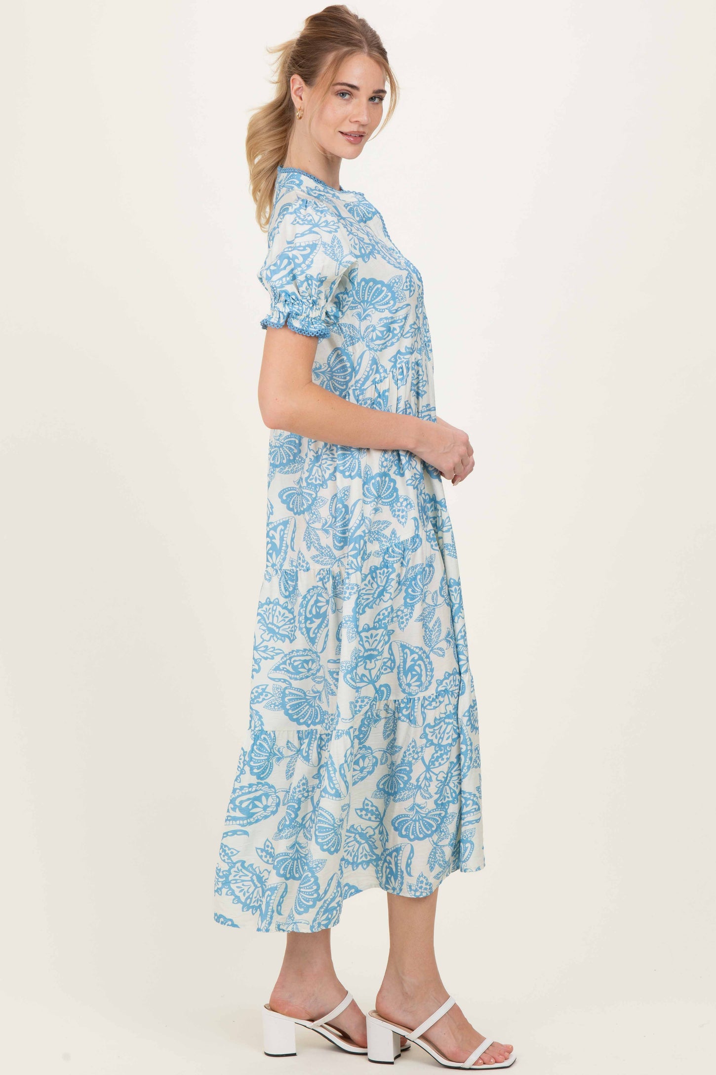 Light Blue Paisley Print Tiered Midi Dress