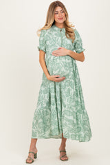 Light Sage Paisley Print Tiered Maternity Midi Dress