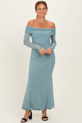 Blue Mesh Overlay Off Shoulder Long Sleeve Midi Dress