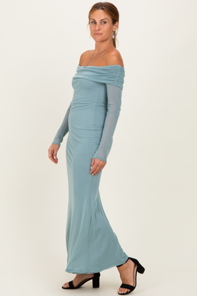 Blue Mesh Overlay Off Shoulder Long Sleeve Midi Dress