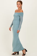 Blue Mesh Overlay Off Shoulder Long Sleeve Midi Dress