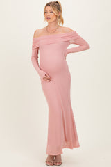 Mauve Mesh Overlay Off Shoulder Long Sleeve Maternity Midi Dress