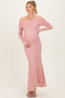 Mauve Mesh Overlay Off Shoulder Long Sleeve Maternity Midi Dress