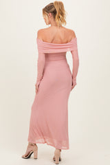 Mauve Mesh Overlay Off Shoulder Long Sleeve Maternity Midi Dress
