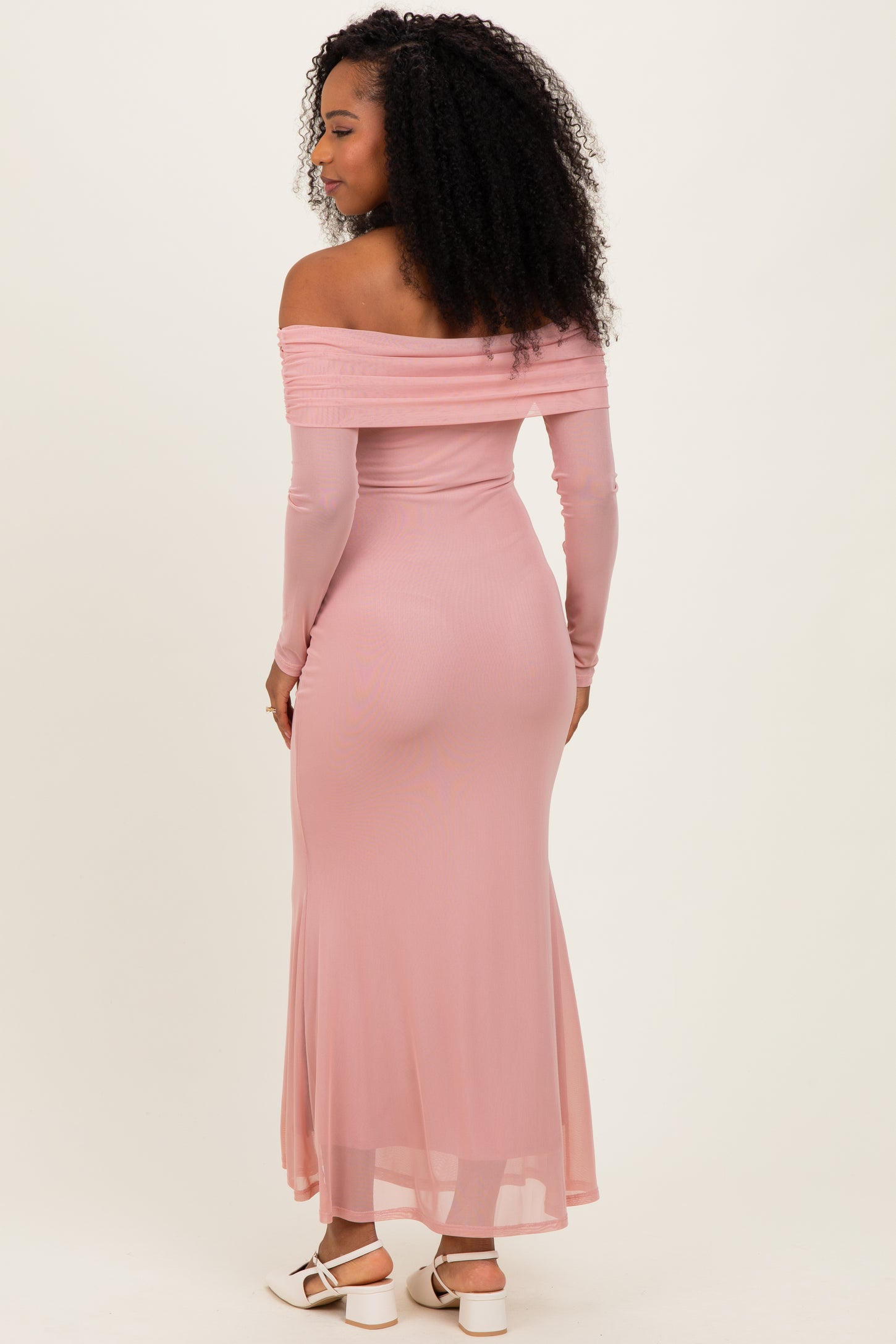 Mauve Mesh Overlay Off Shoulder Long Sleeve Midi Dress