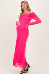 Fuchsia Mesh Overlay Off Shoulder Long Sleeve Maternity Midi Dress