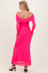 Fuchsia Mesh Overlay Off Shoulder Long Sleeve Maternity Midi Dress
