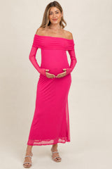 Fuchsia Mesh Overlay Off Shoulder Long Sleeve Maternity Midi Dress