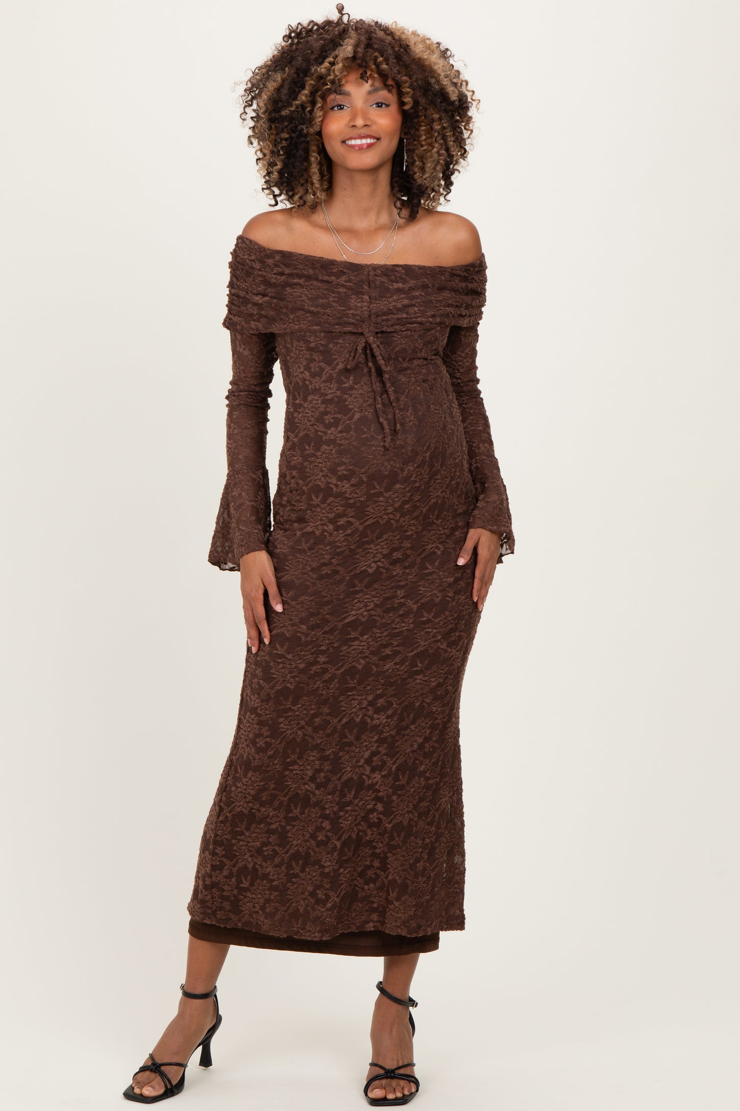 Chocolate Lace Off Shoulder Maternity Maxi Dress