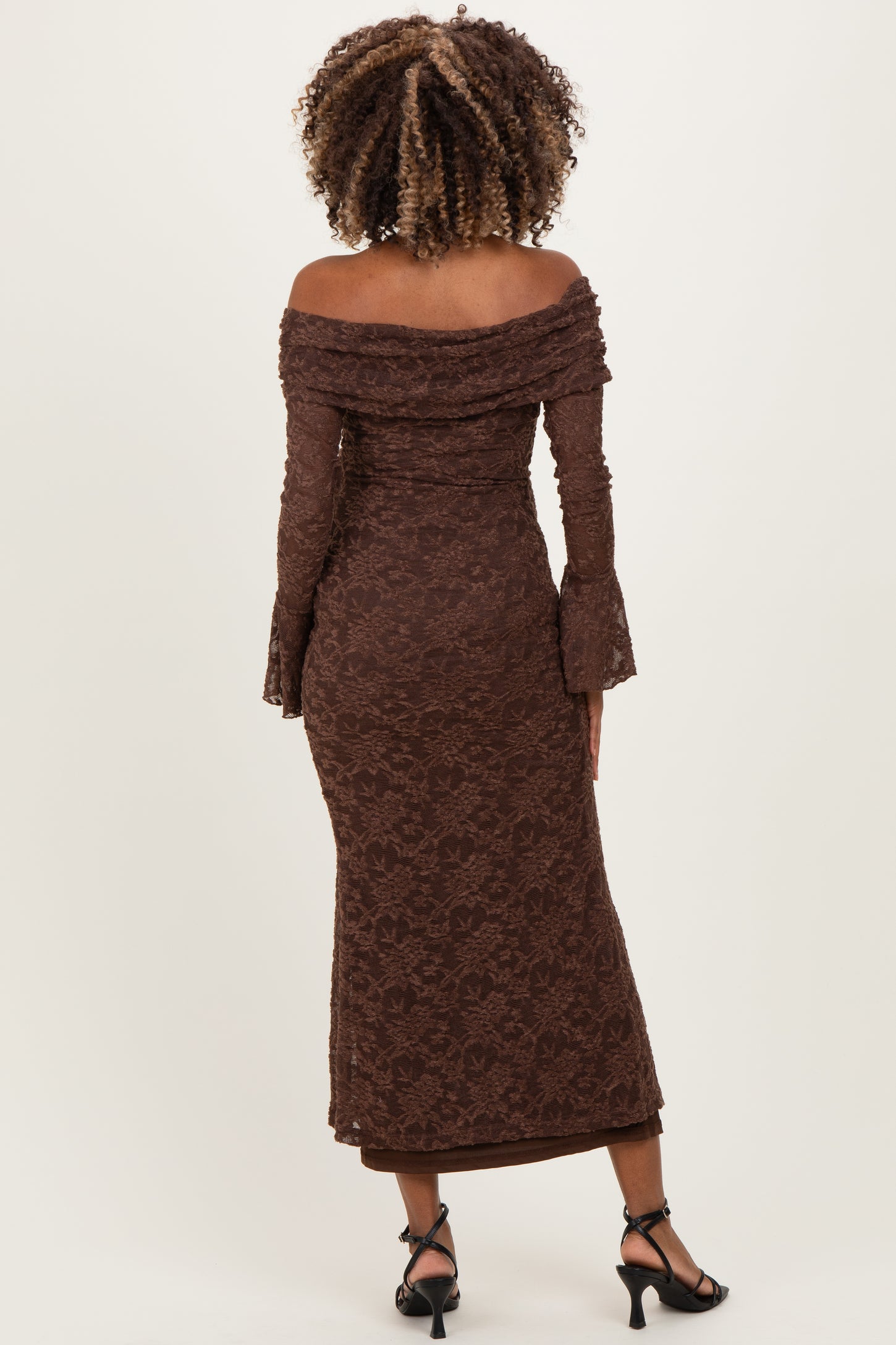 Chocolate Lace Off Shoulder Maternity Maxi Dress