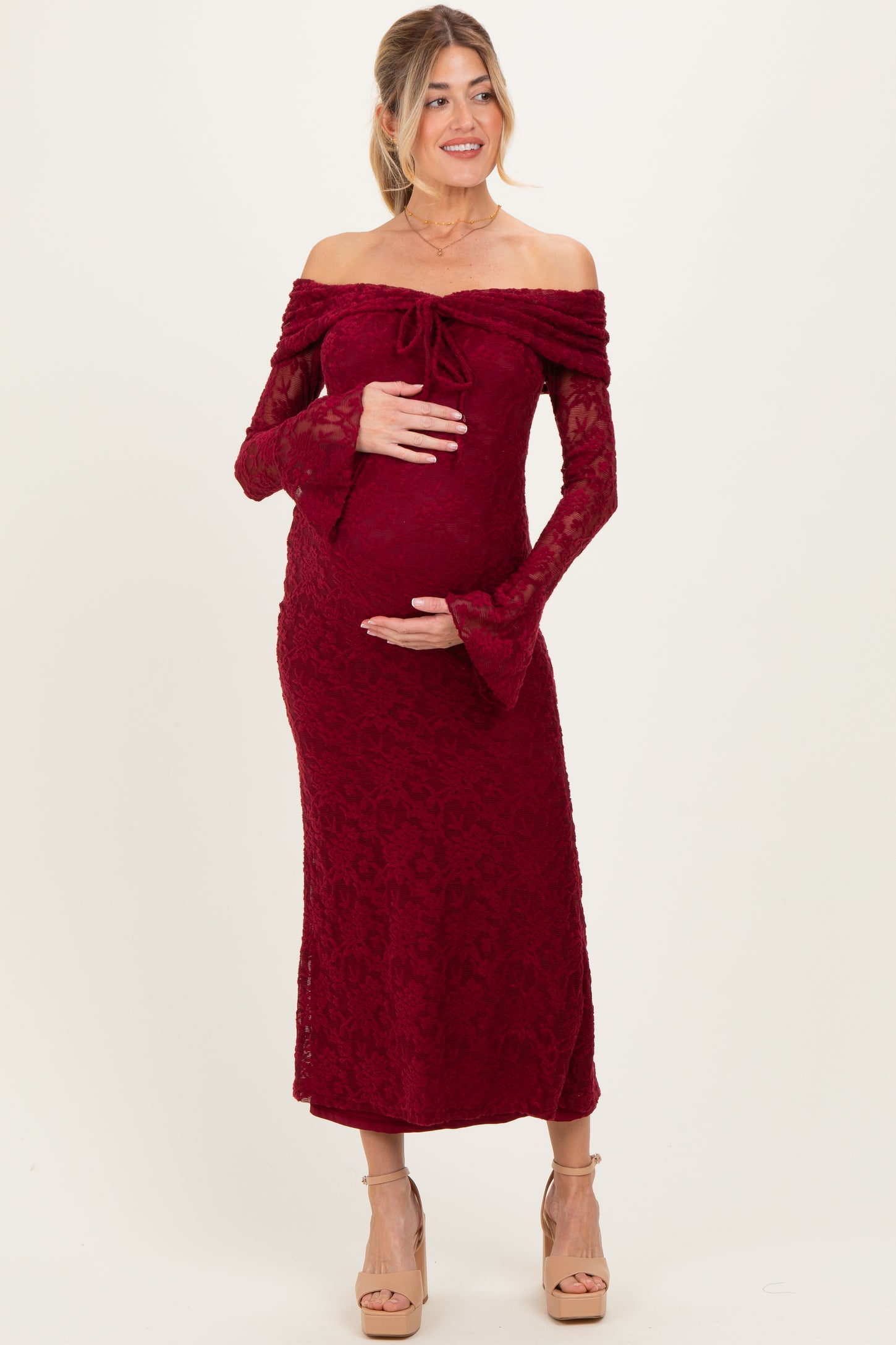 Burgundy Lace Off Shoulder Maternity Maxi Dress