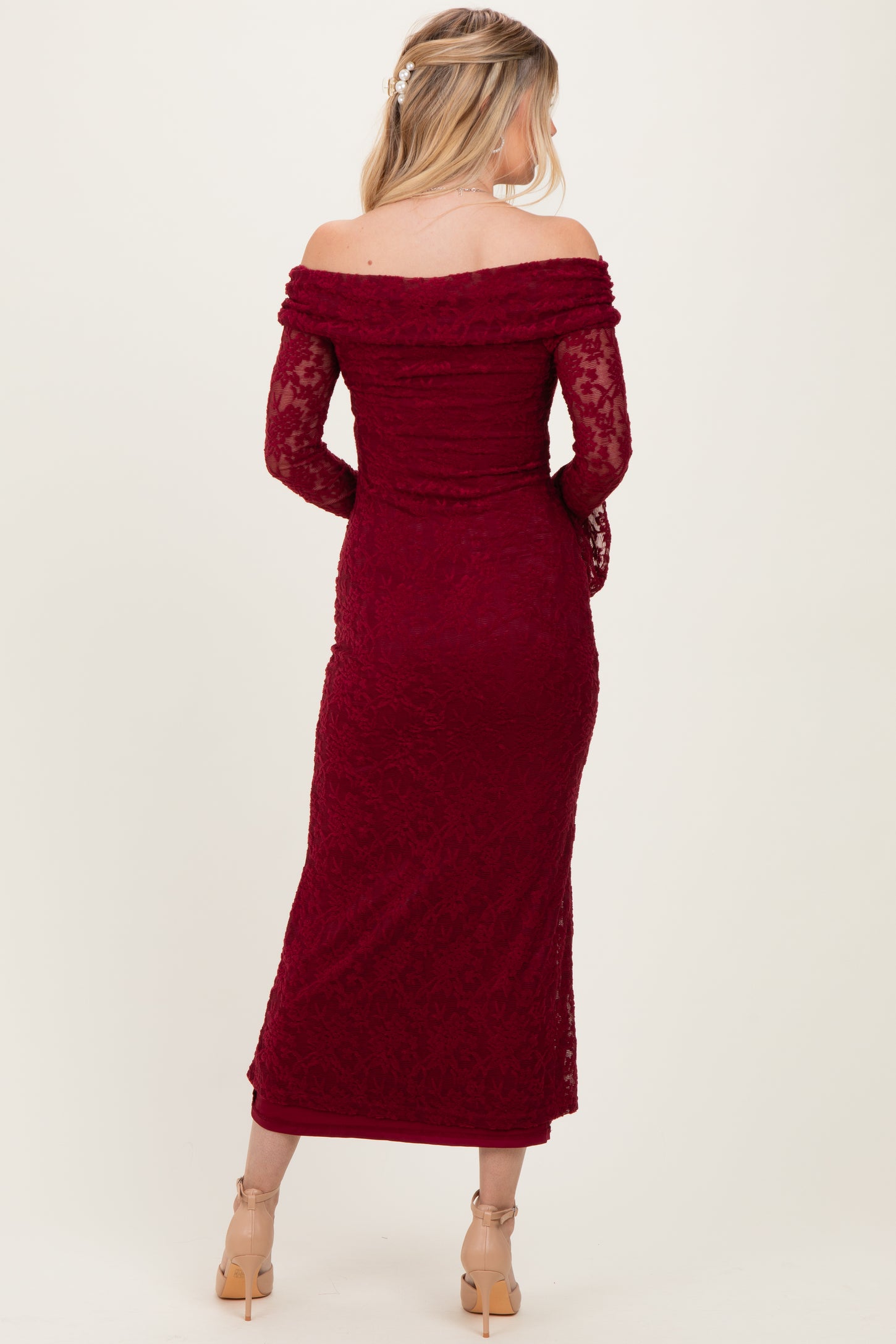Burgundy Lace Off Shoulder Maxi Dress