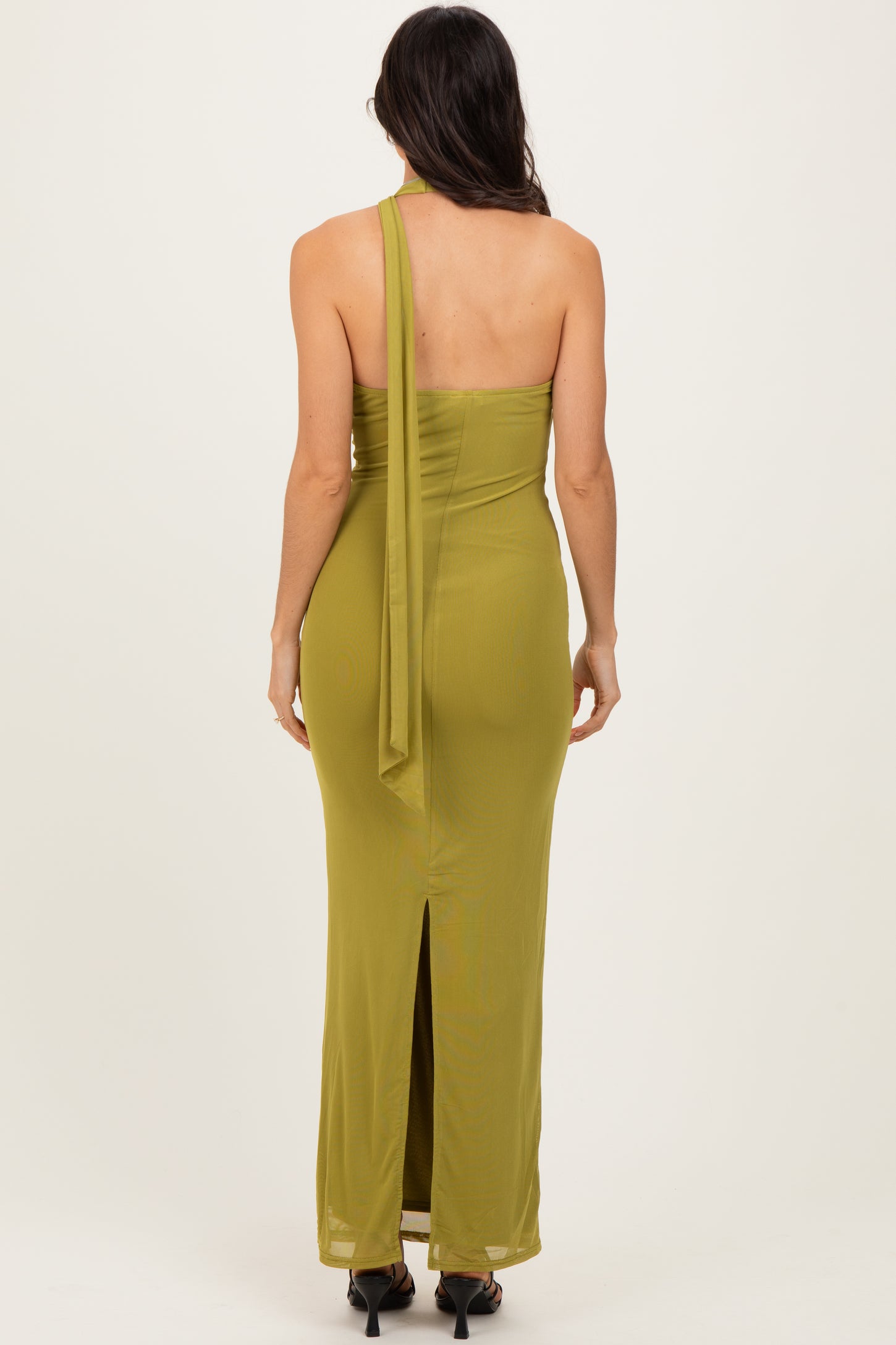 Moss Mesh Overlay Halter Maxi Dress