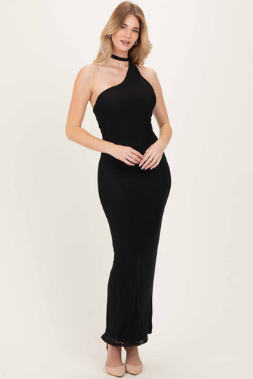 woman wearing a black halter neck maxi dress with a fitted silhouette and a choker detail