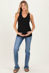 Black Ribbed Sleeveless Ruched Maternity Tank Top