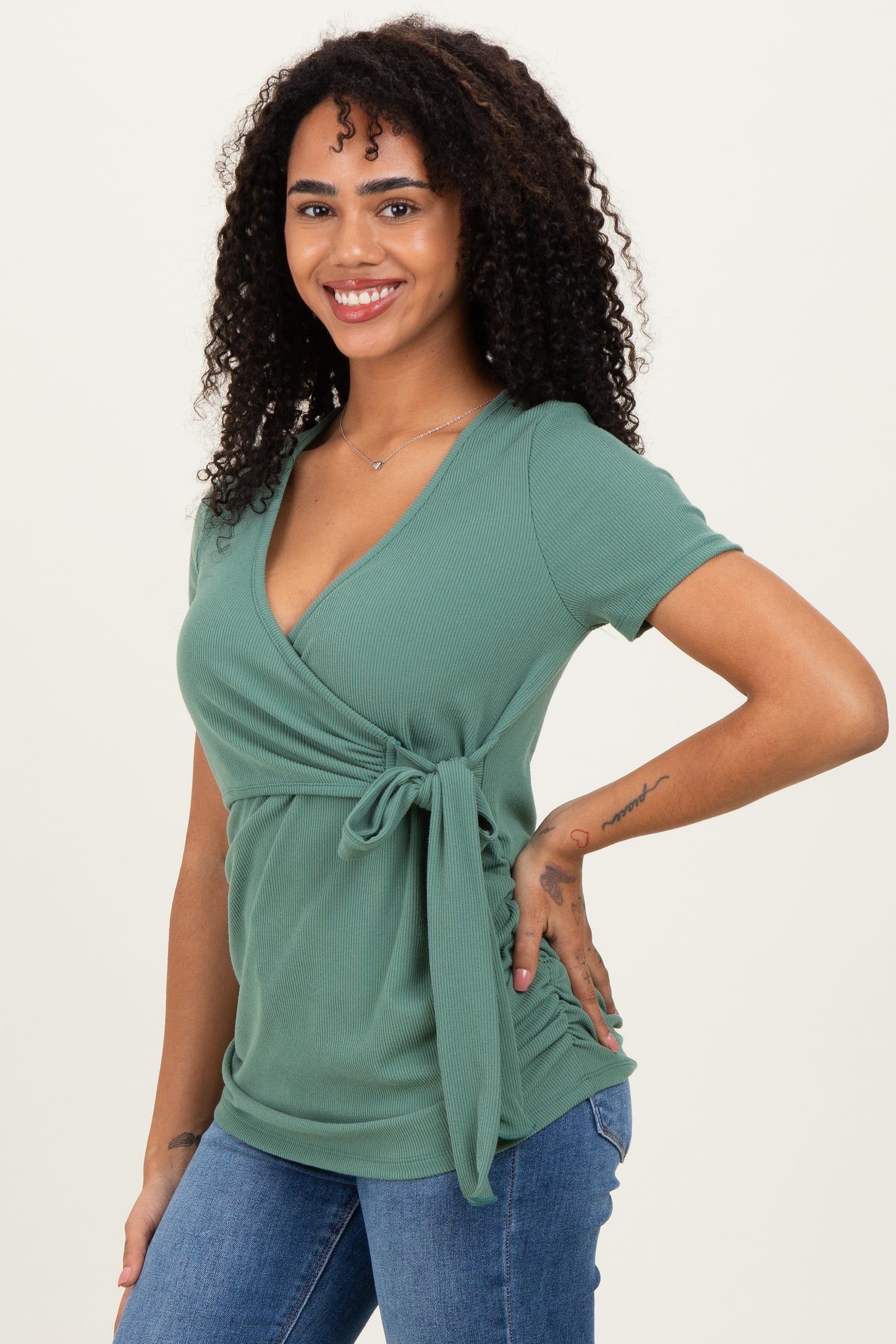 Olive Wrap Front Tie Nursing Top