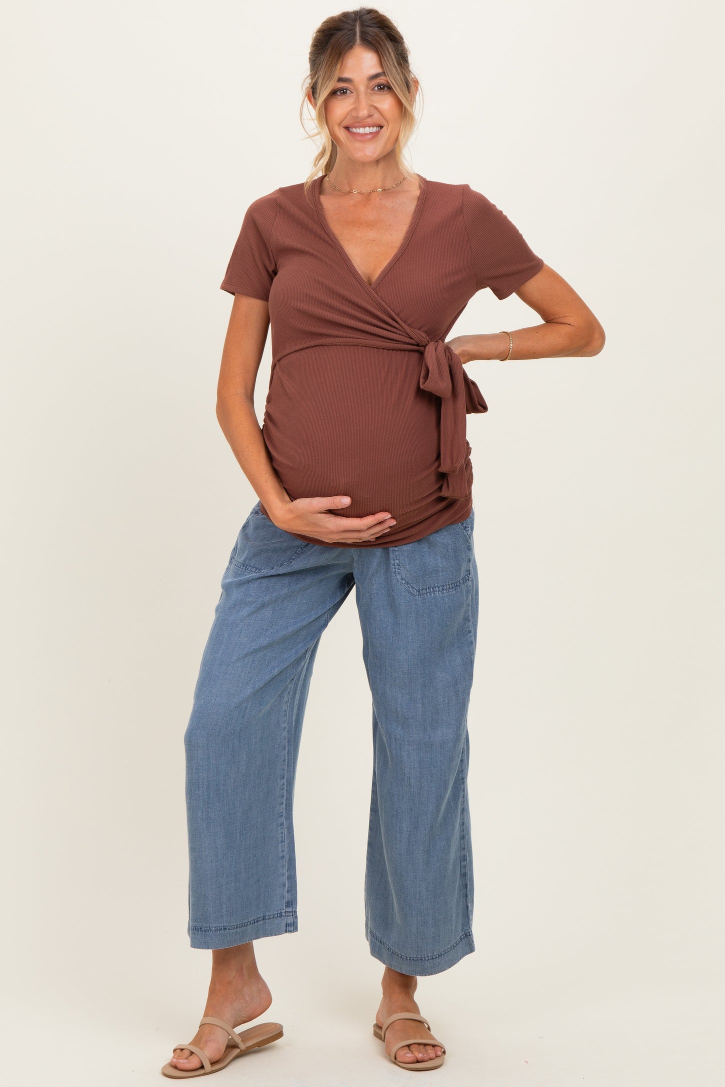 Brown Wrap Front Tie Maternity/Nursing Top
