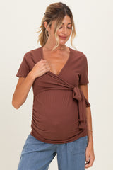 Brown Wrap Front Tie Maternity/Nursing Top