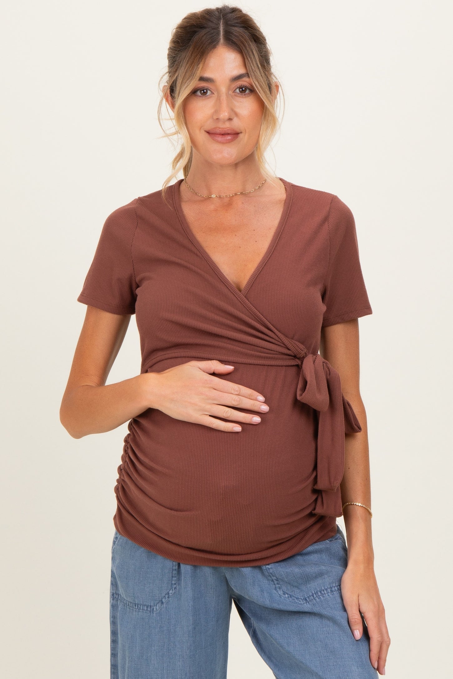Brown Wrap Front Tie Maternity/Nursing Top