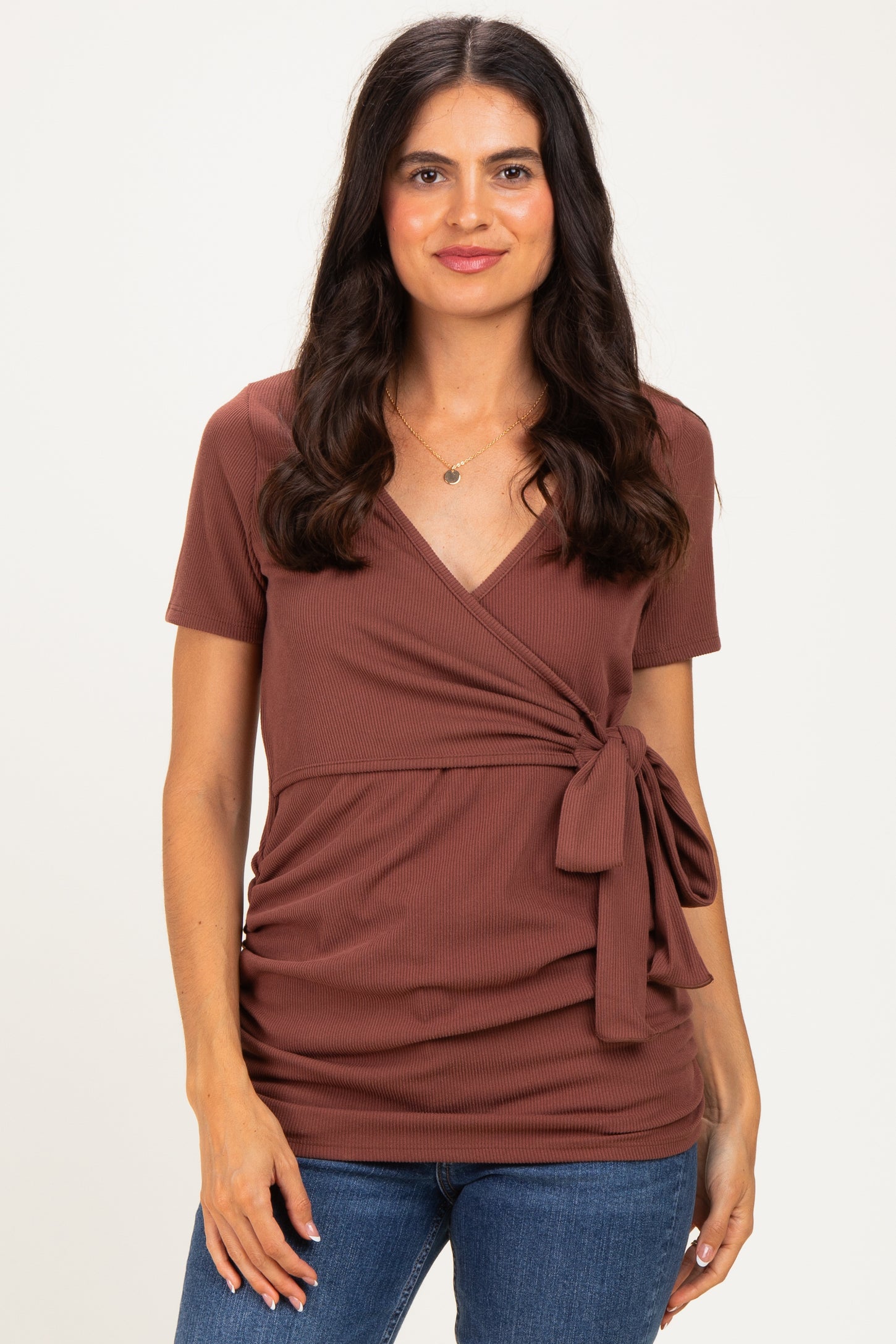 Brown Wrap Front Tie Nursing Top