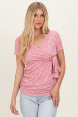 Mauve Floral Wrap Fitted Maternity/Nursing Top
