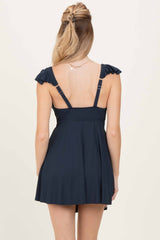 Navy Ribbed Ruffle Twist Front Swim Dress