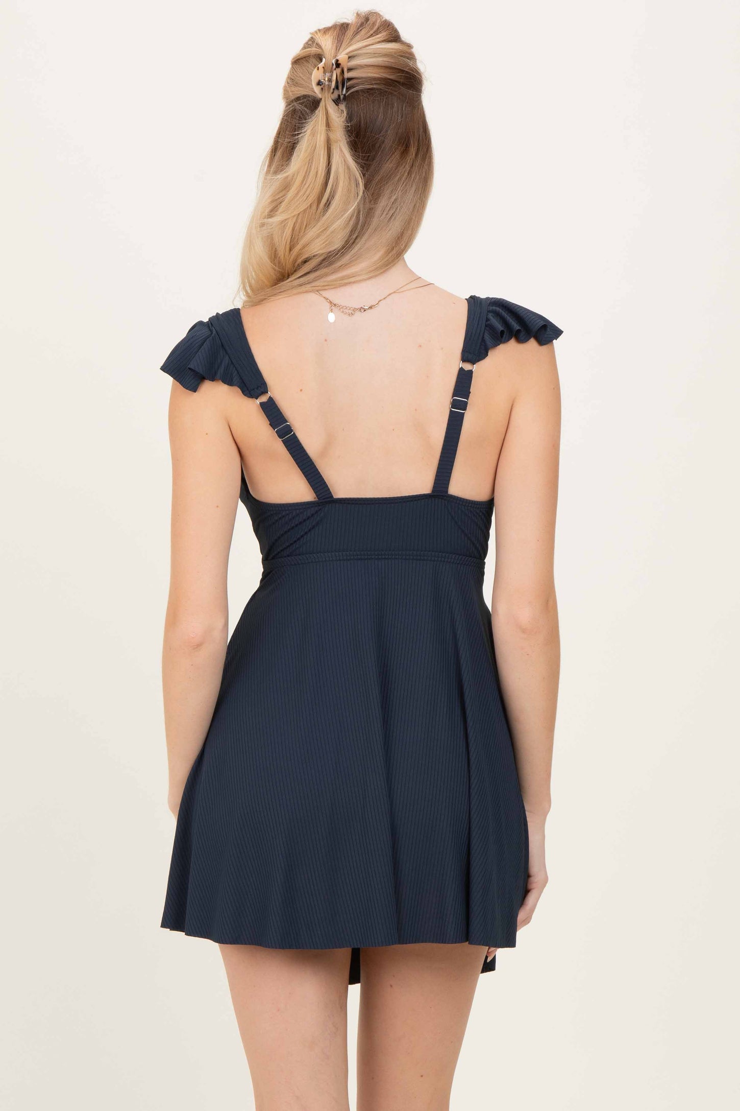 Navy Ribbed Ruffle Twist Front Swim Dress