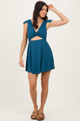Deep Teal Ribbed Ruffle Twist Front Swim Dress