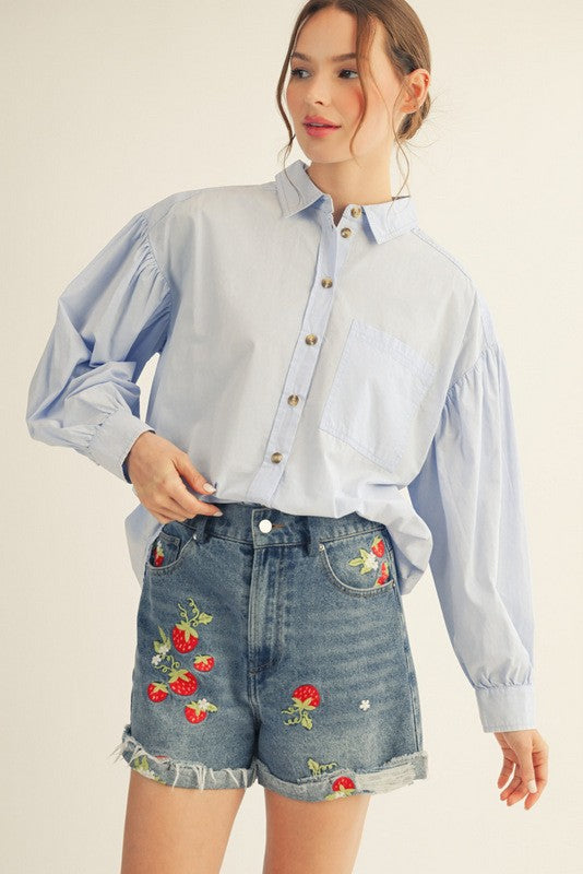 Light Blue Button Down Lightweight Casual Maternity Shirt