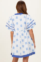 White/ Blue Floral Short Puff Sleeve Front Tie Dress