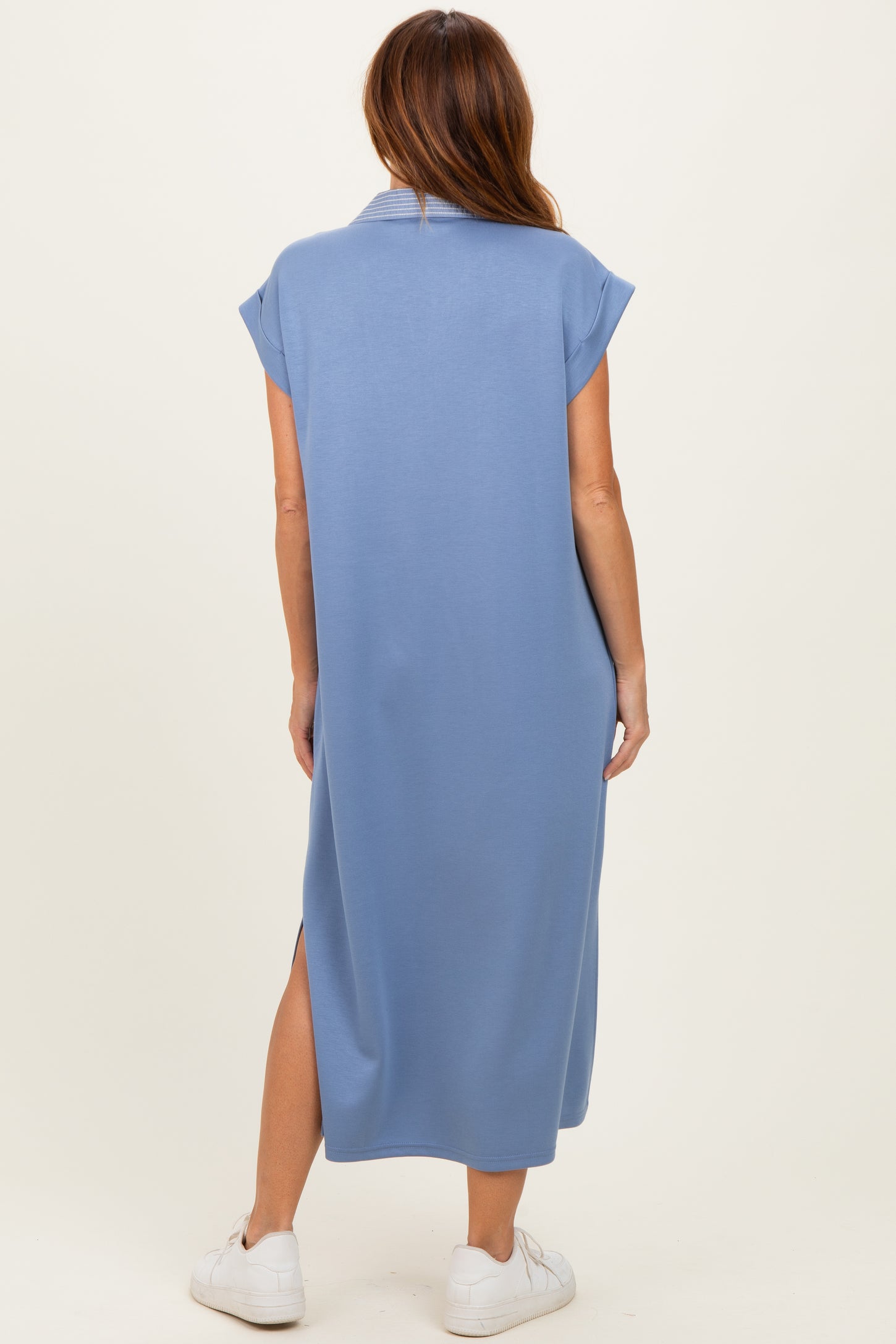 Blue Striped Collared Side Slit Midi Dress
