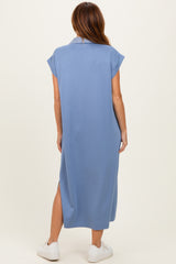 Blue Striped Collared Side Slit Midi Dress