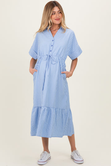 Light Blue Striped Button Collared Maternity Midi Dress