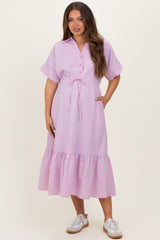 Pink Striped Button Collared Maternity Midi Dress