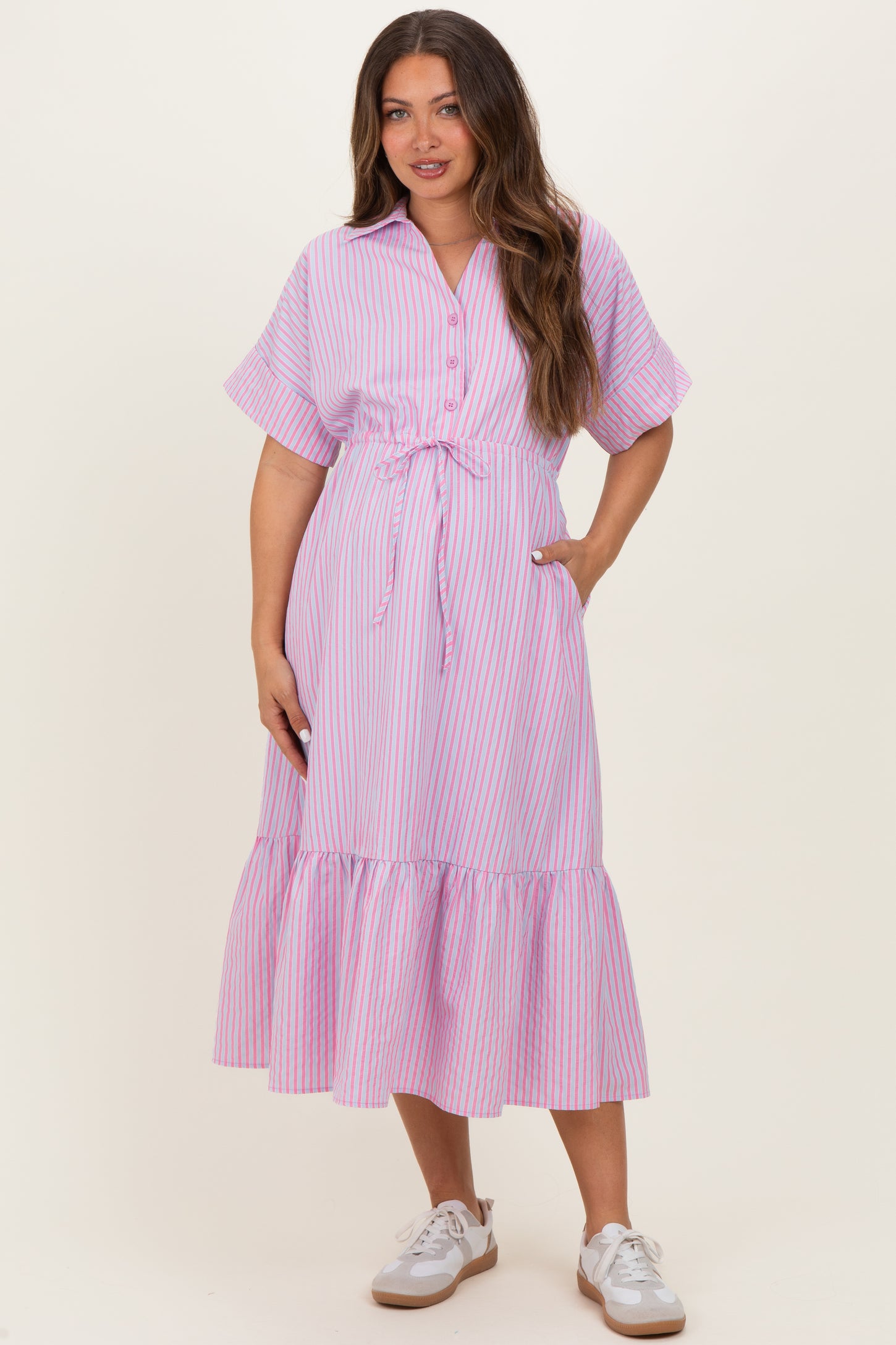 Pink Striped Button Collared Maternity Midi Dress