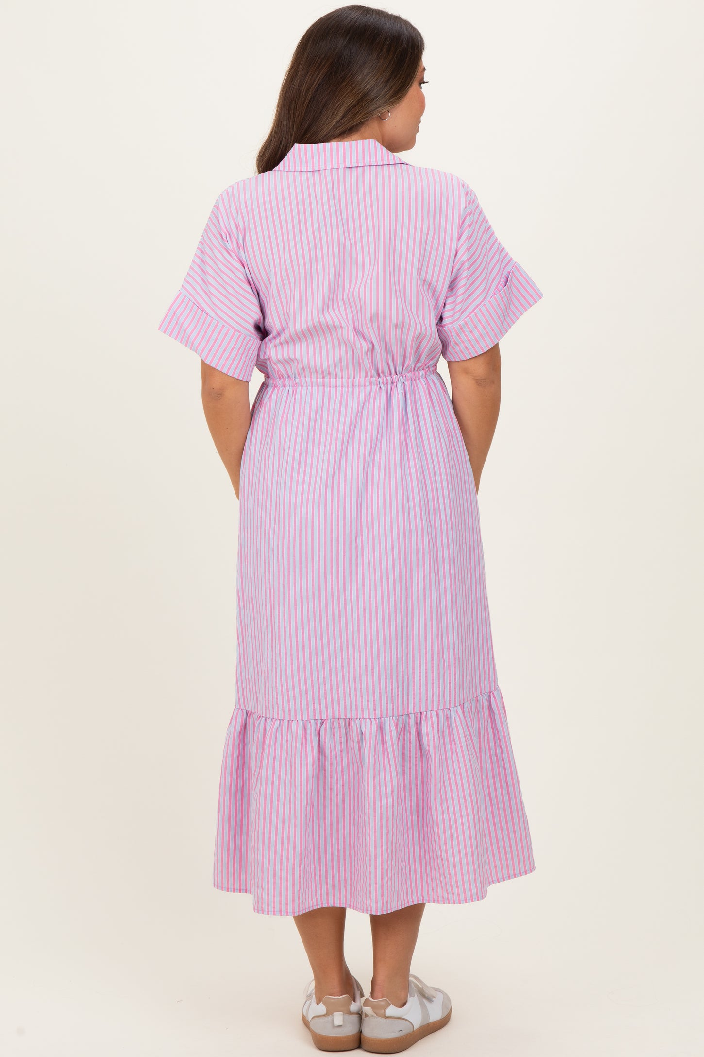 Pink Striped Button Collared Maternity Midi Dress