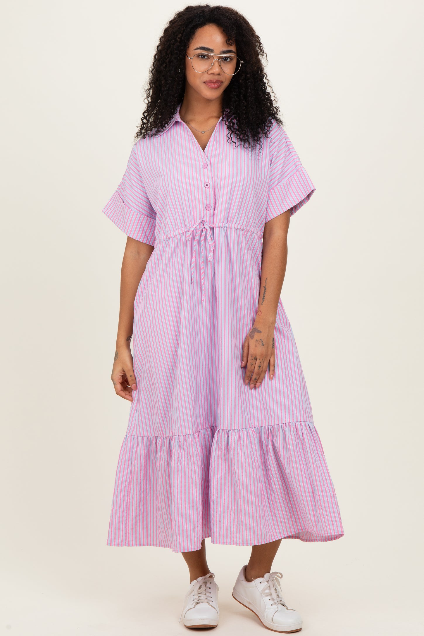 Pink Striped Button Collared Maternity Midi Dress